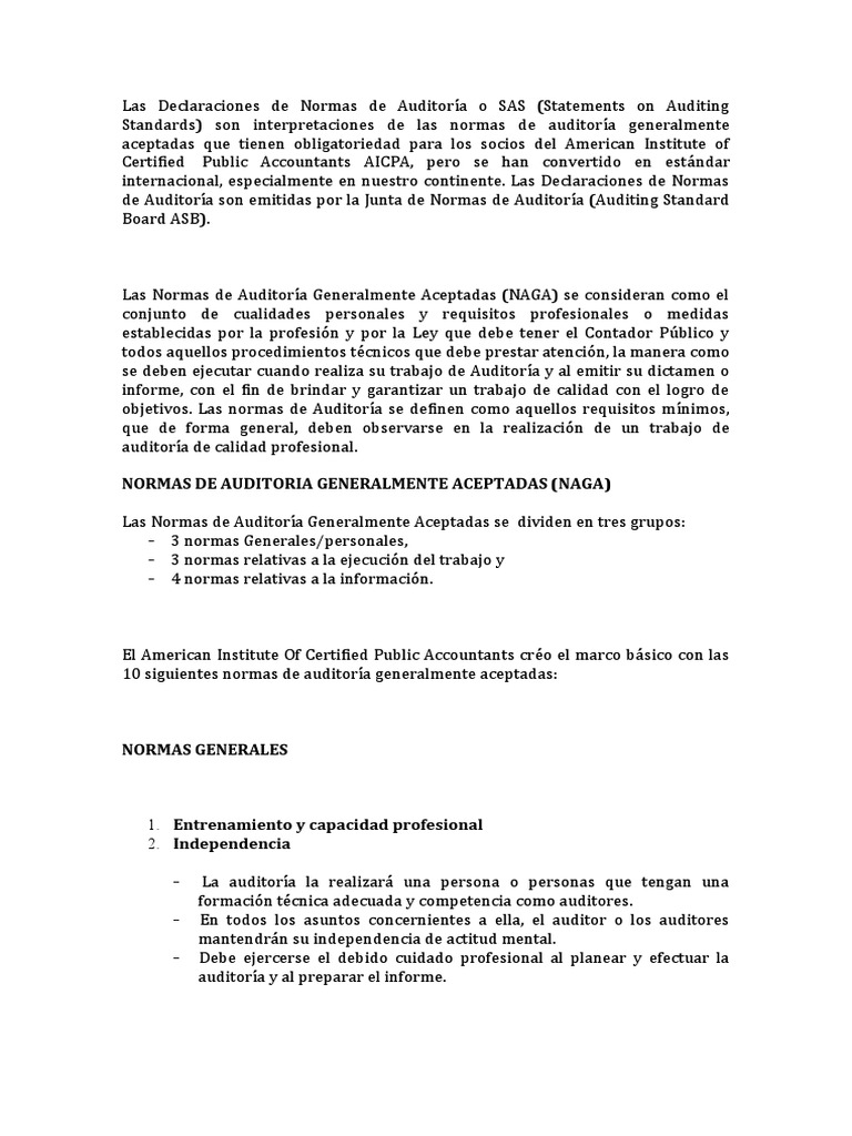 Normas de Auditoría: SAS y NAGA | PDF | Auditoría | Contralor