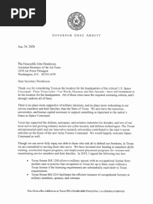 Gov. Abbott Ltr-Space Command - SA Nom