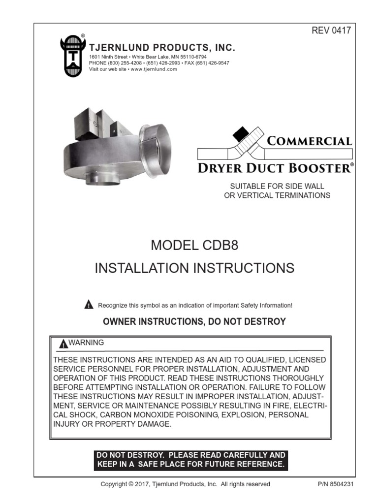 Model Cdb8 Installation Instructions Tjernlund Products, Inc PDF