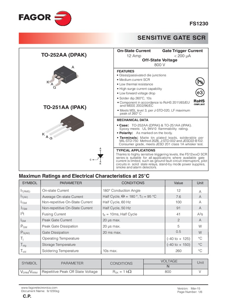 Sensitive Gate SCR: 800 V 12 Amp 200 A | PDF | Fuse (Electrical ...