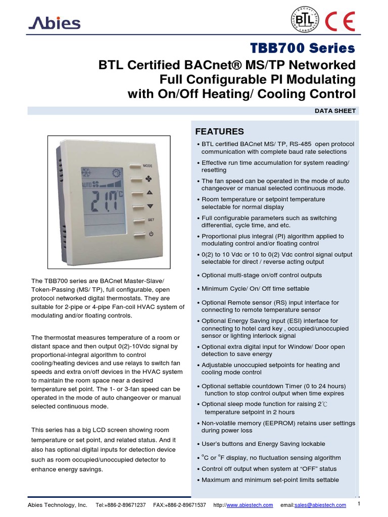 Tbb700 Series: BTL Certified Bacnet® MS/TP Networked Full Configurable ...
