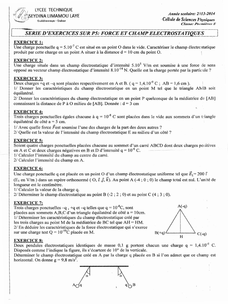 Force Et Champ électrostatique Exercices Corrigés 1ère S Pdf TD Champ Elec 2014 LSLL | PDF | Champ électrique | Électrostatique
