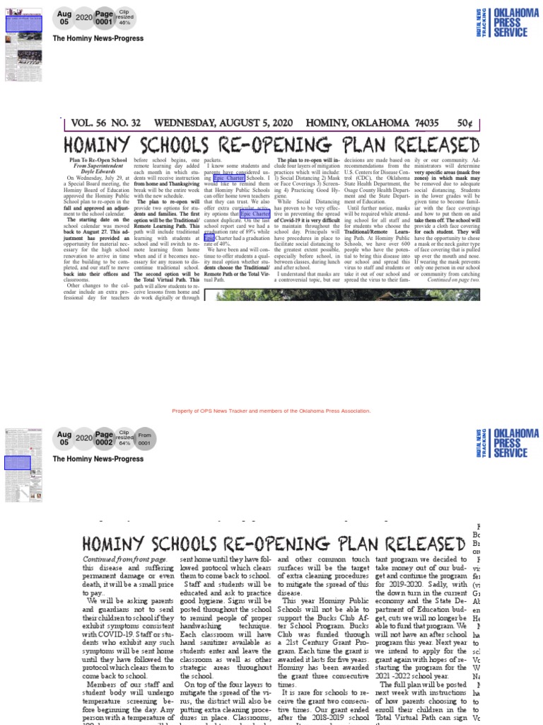 Hominy Schools ReOpening Plan Released PDF Hygiene Health Sciences