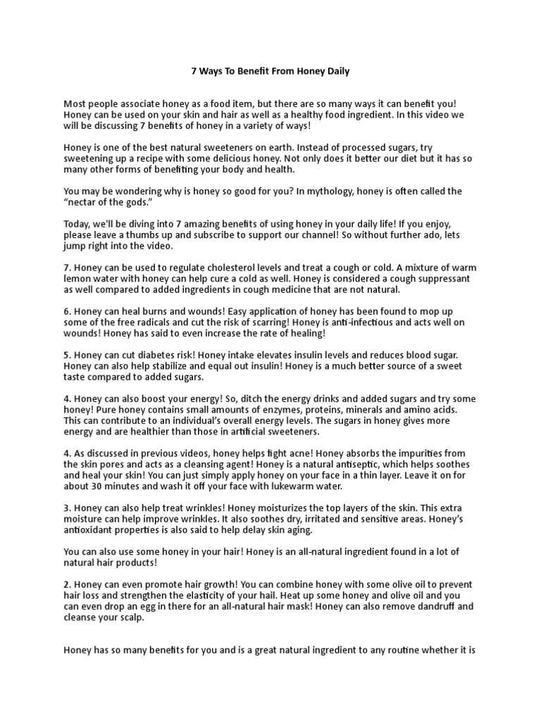 7 Benefits of Honey PDF Honey Sugar