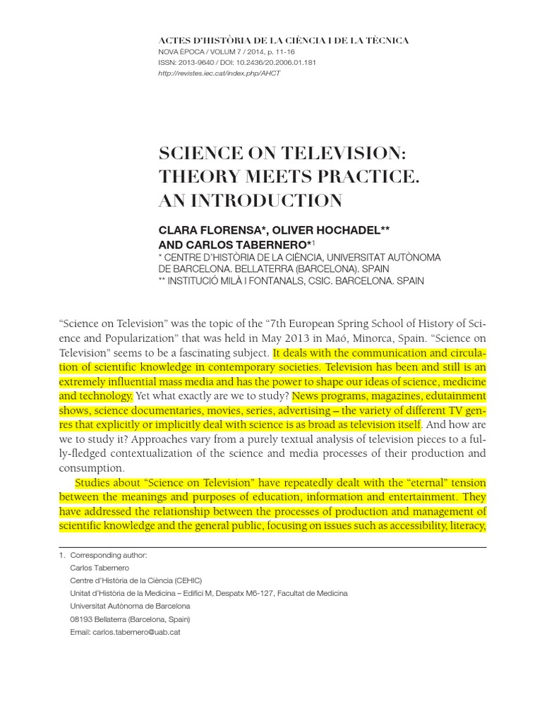 Science on Television: Theory and Practice | PDF | History Of Science ...