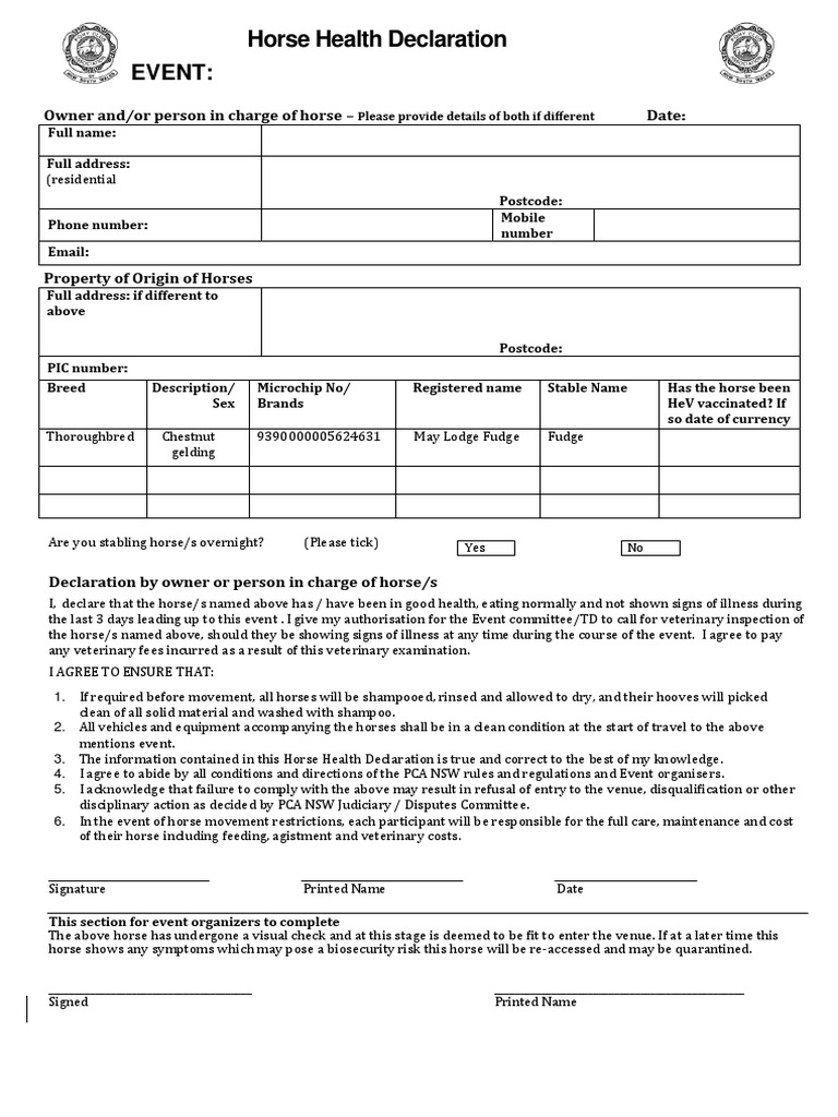 Horse Health Declaration Download Free PDF Horses Business