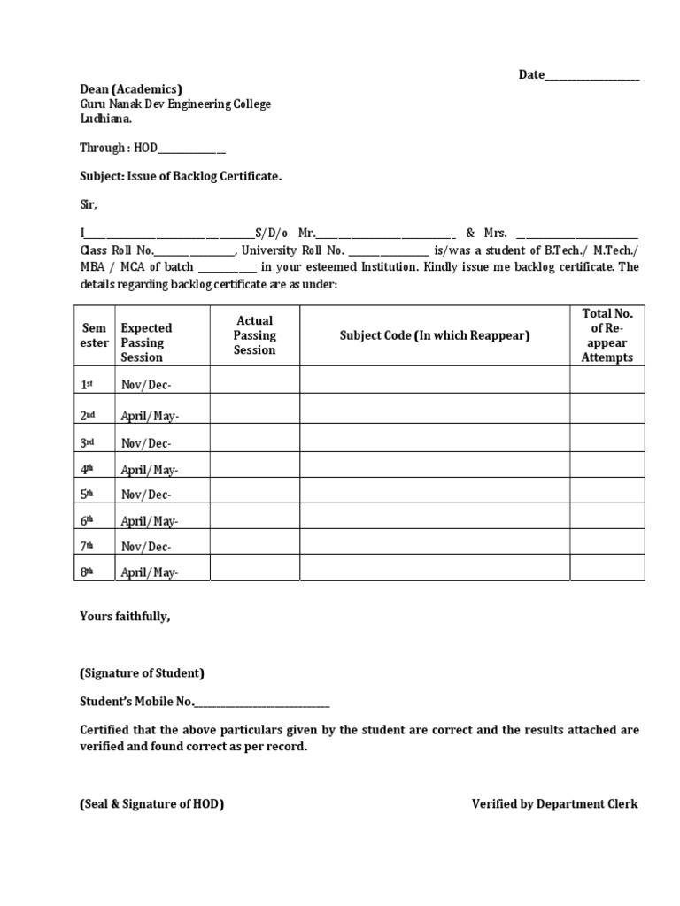 Backlog Certificate Application Format | PDF