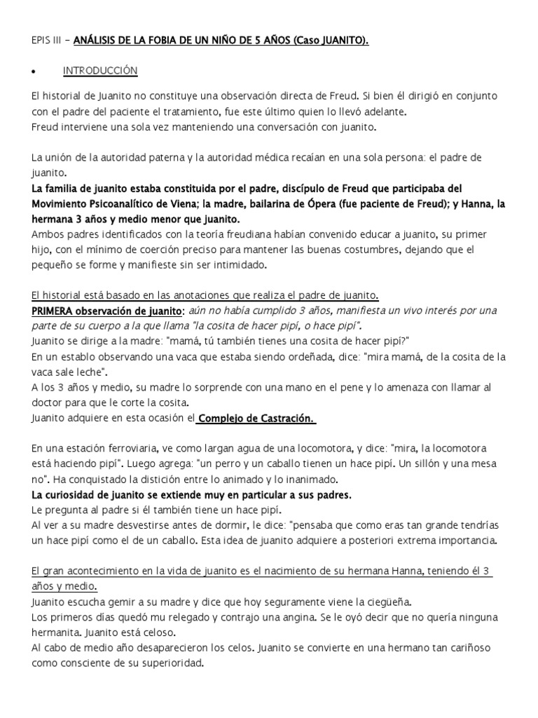Análisis del caso de Juanito Freud | PDF | Neurosis | Fobia