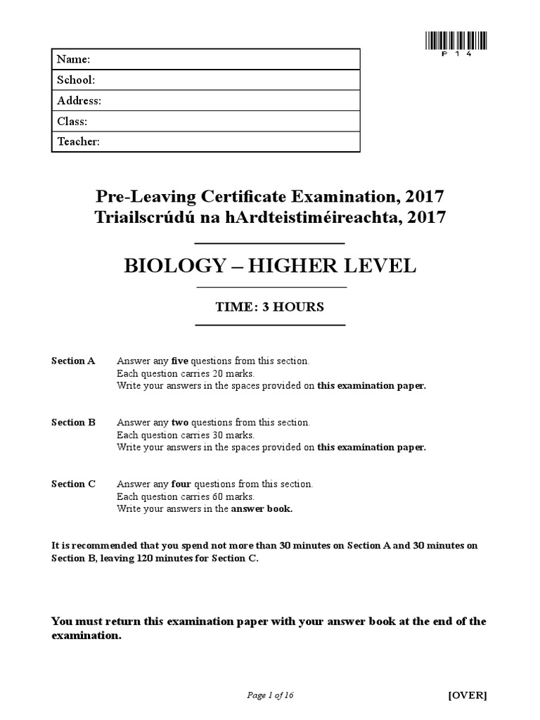 Biology Higher Level PreLeaving Certifi Cate Examination, 2017