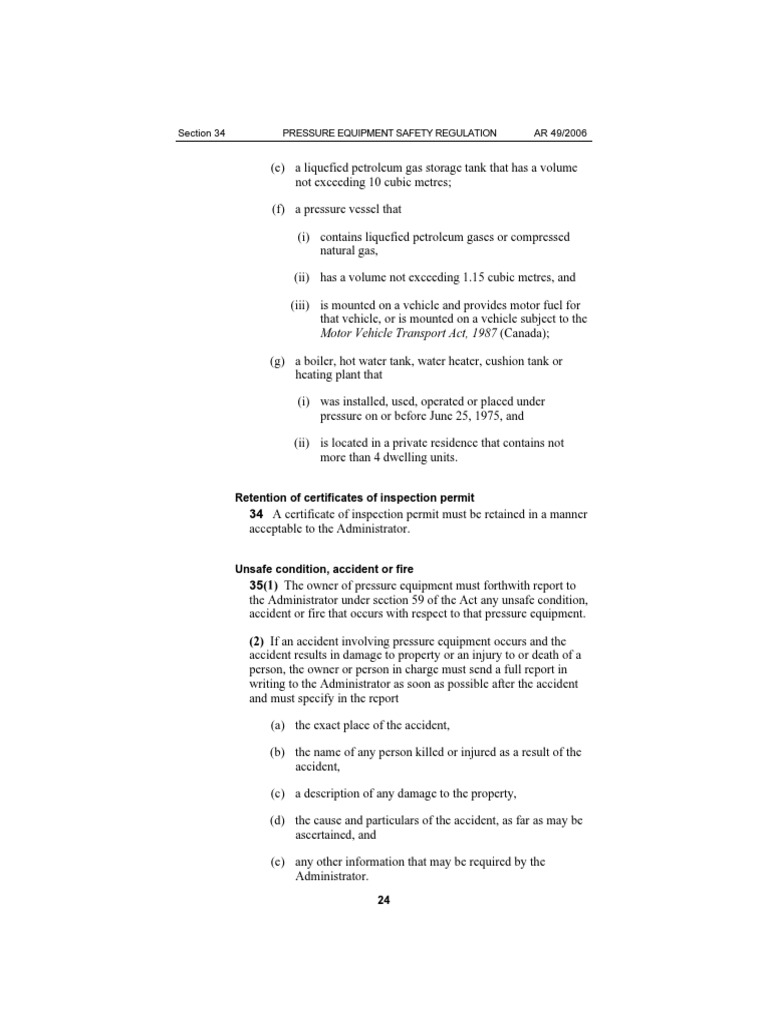 Section 34 AR 49/2006 Pressure Equipment Safety Regulation Retention
