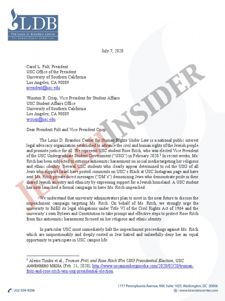 LDB Letter To President Folt and VP Crisp | PDF | Zionism | Antisemitism
