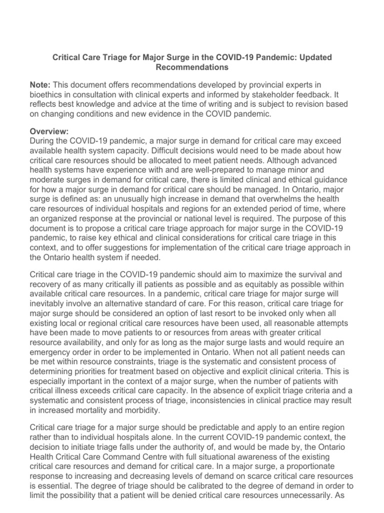 Second Draft Ontario Critical Care Medical Triage Protocol | PDF ...