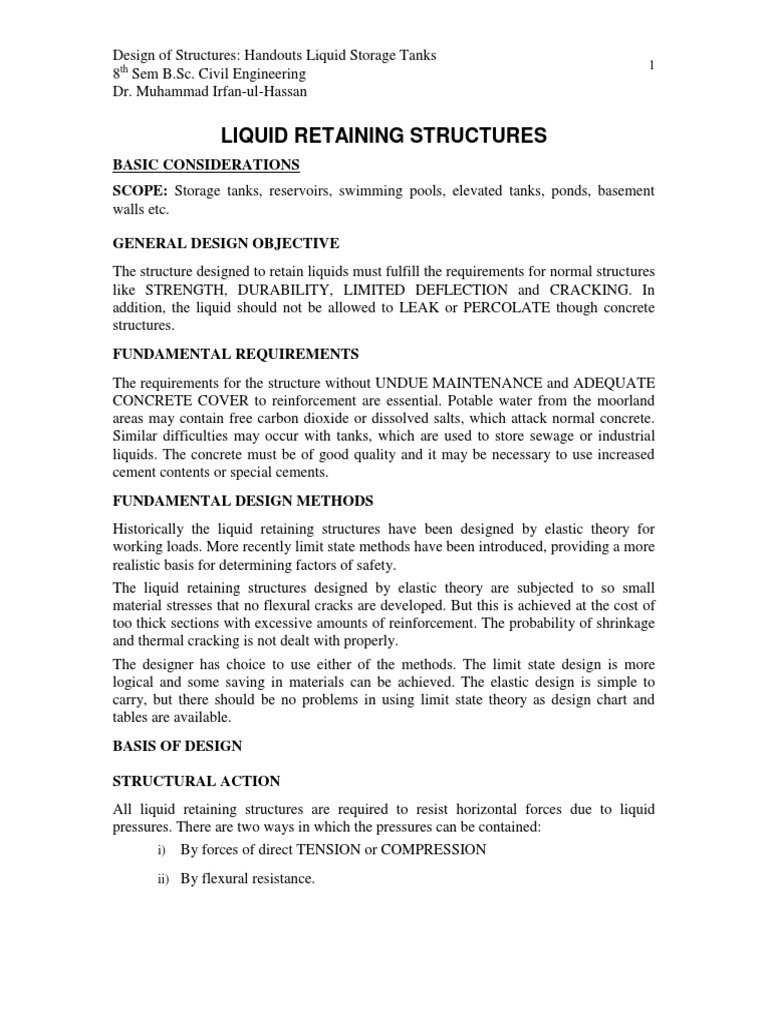 Liquid Retaining Structures Handouts PDF Bending Fracture