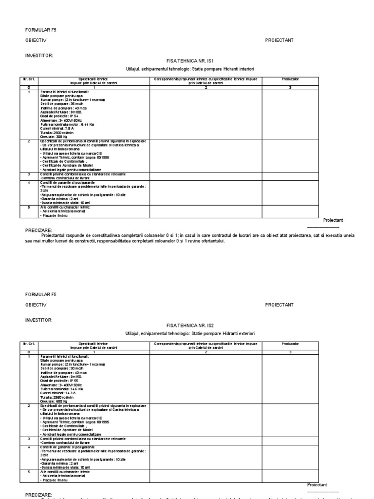 Fise Tehnice F5 - Model | PDF