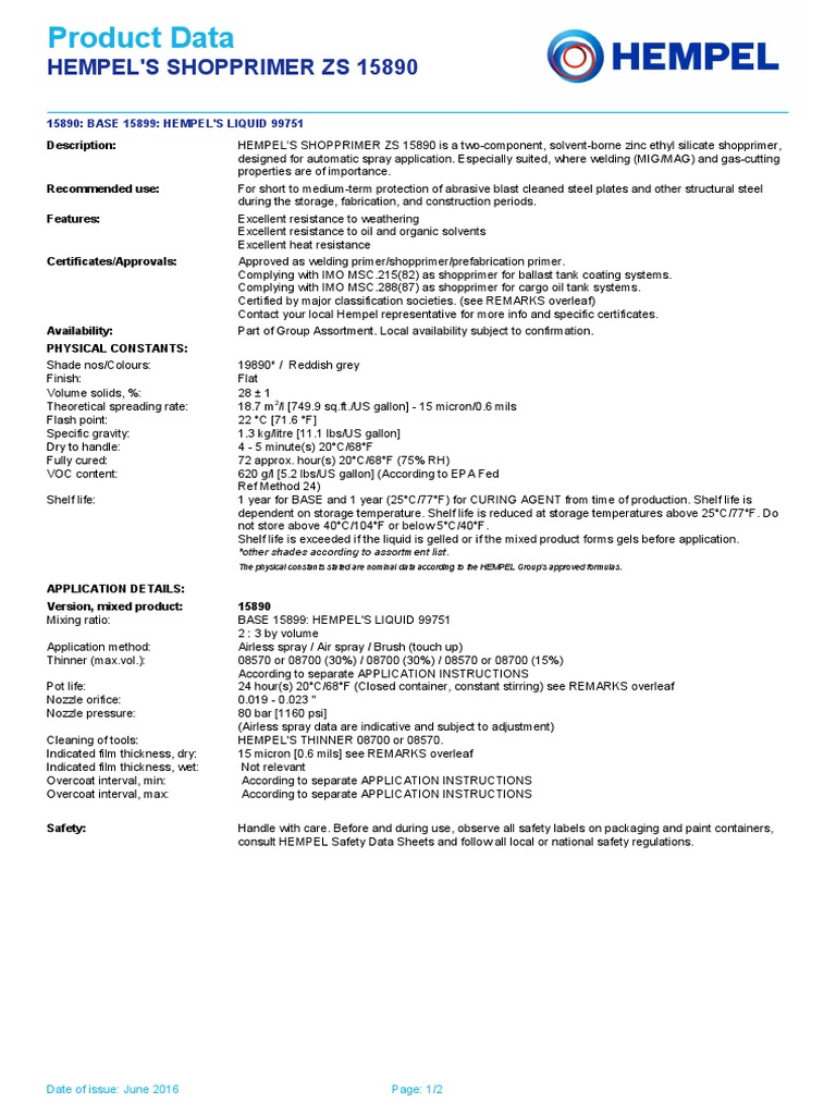 Hempel's Shopprimer ZS 15890 Overview | PDF | Chemistry | Chemical ...