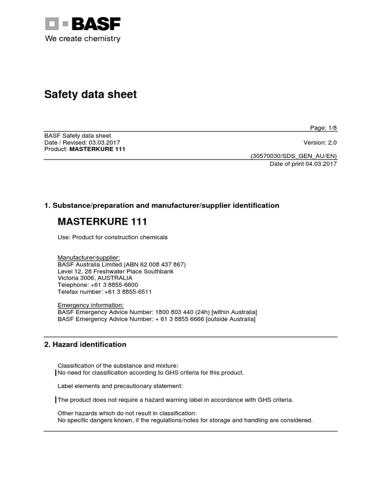 MasterKure 111 Safety Data Sheet | PDF | Toxicity | Firefighting