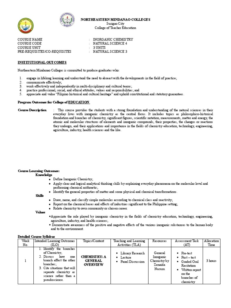 College Syllabus PDF Chemical Substances Chemistry