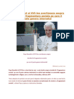 Papa Benedict Al XVI-lea Avertizeaza Asupra Riscului de Fragmentare Sociala Pe Care Il Poate Gen