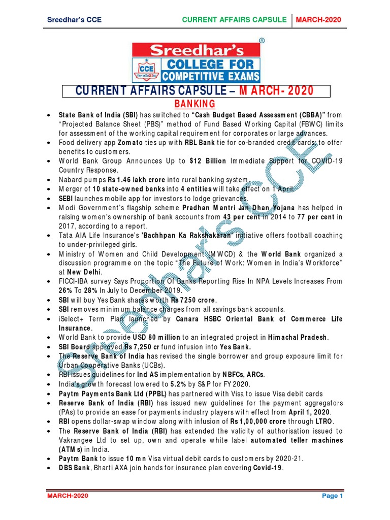 March 2020 Current Affairs Highlights | PDF | Reserve Bank Of India | Banks