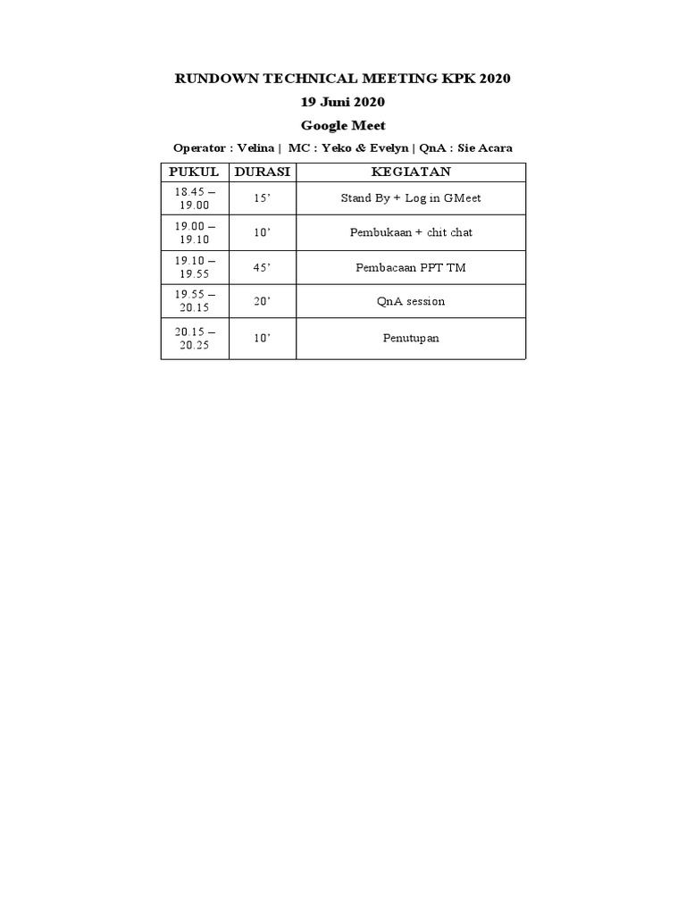 Rundown Technical Meeting KPK 2020 19 Juni 2020 Google Meet: Pukul ...