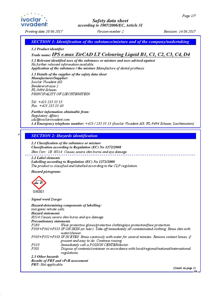 IPS e.max ZirCAD LT Safety Data Sheet | PDF | Toxicity | Dangerous Goods