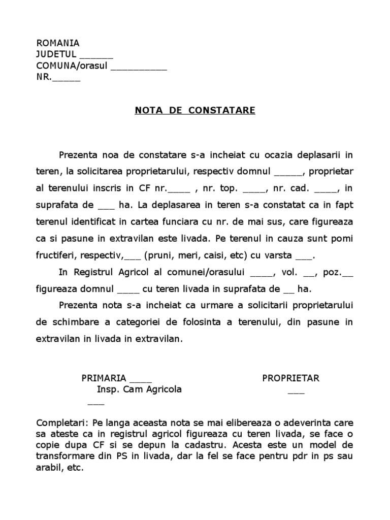 Model Nota Constatare Schimbare Categ Folosinta | PDF