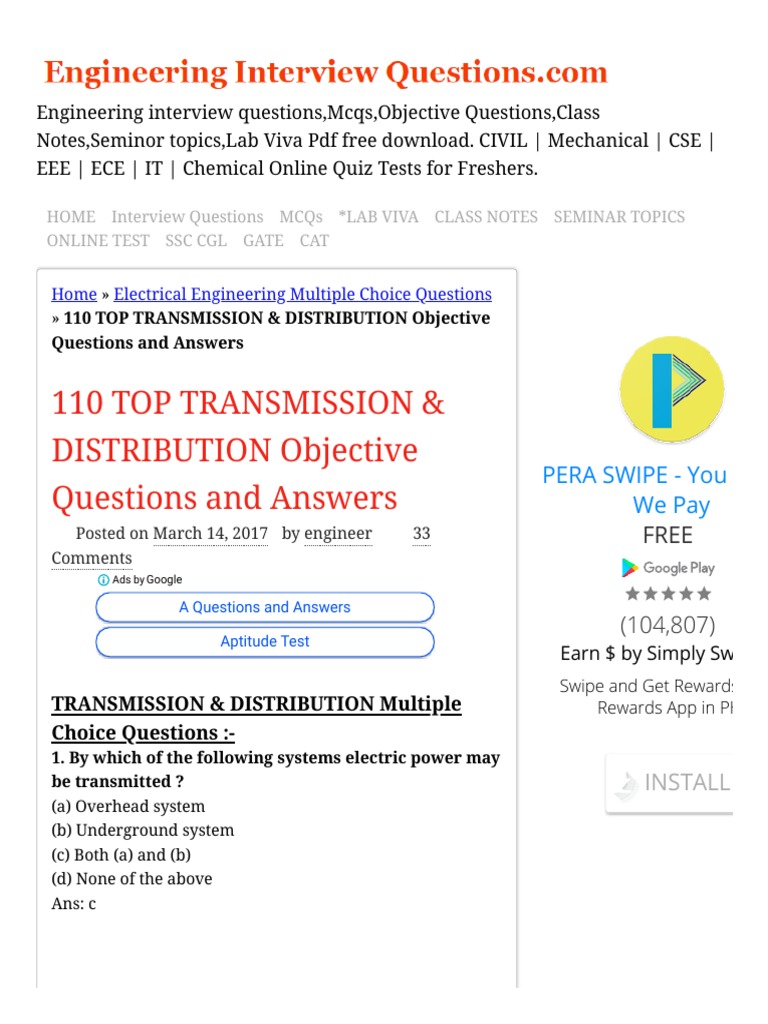 110 TOP TRANSMISSION & DISTRIBUTION Objective Questions and Answers