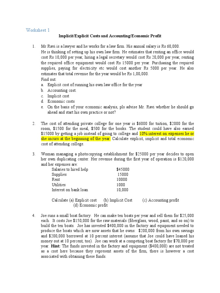 Worksheet 2 Accounting and Economic Profit PDF Interest Cost
