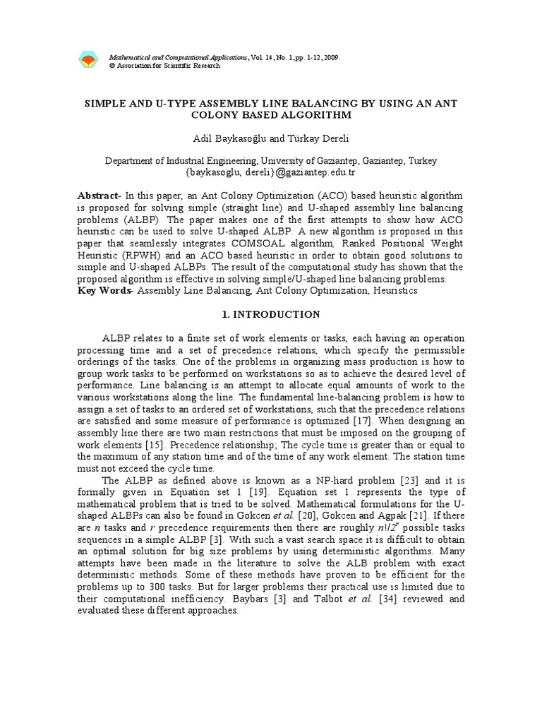 Journal - 2009 - Dereli - SIMPLE AND U-TYPE ASSEMBLY LINE BALANCING BY ...