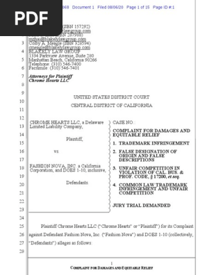 Chrome Hearts V Fashion Nova Complaint Injunction