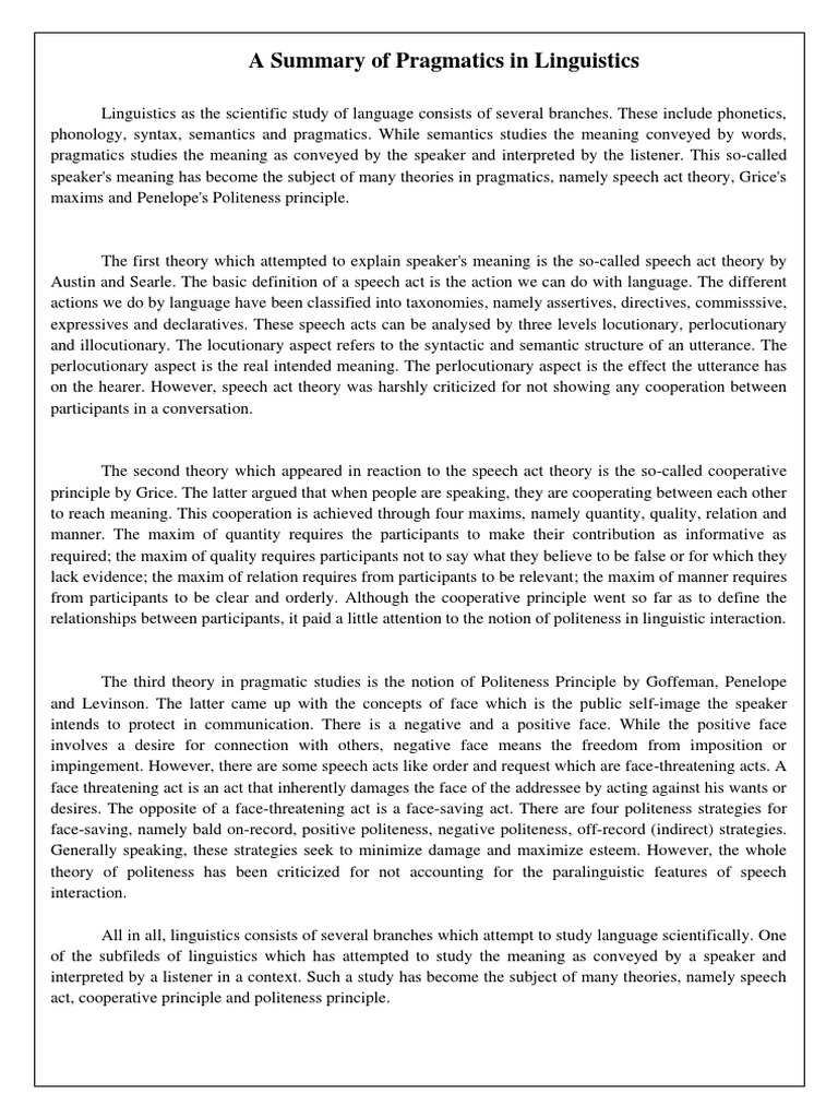 Overview of Pragmatics in Linguistics | PDF | Neuropsychology | Systems ...