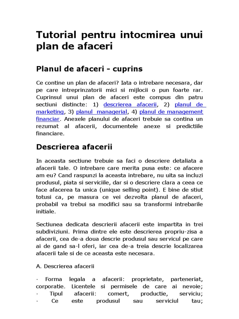 Tutorial Pentru Intocmirea Planului de Afaceri, Marketing, R | PDF