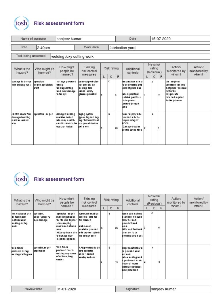 Welding Risk Assessment Form | PDF | Welding | Construction