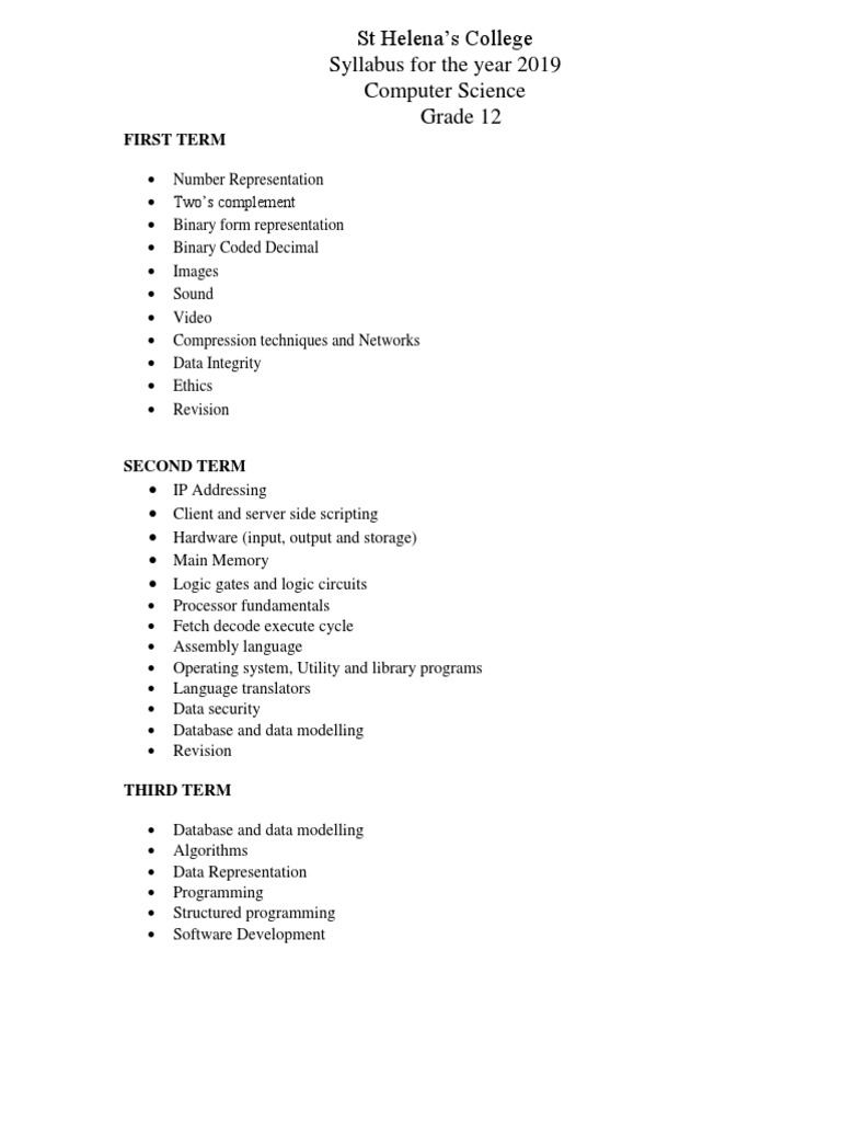 Grade 12 Computer Science Syllabus 2019 | PDF