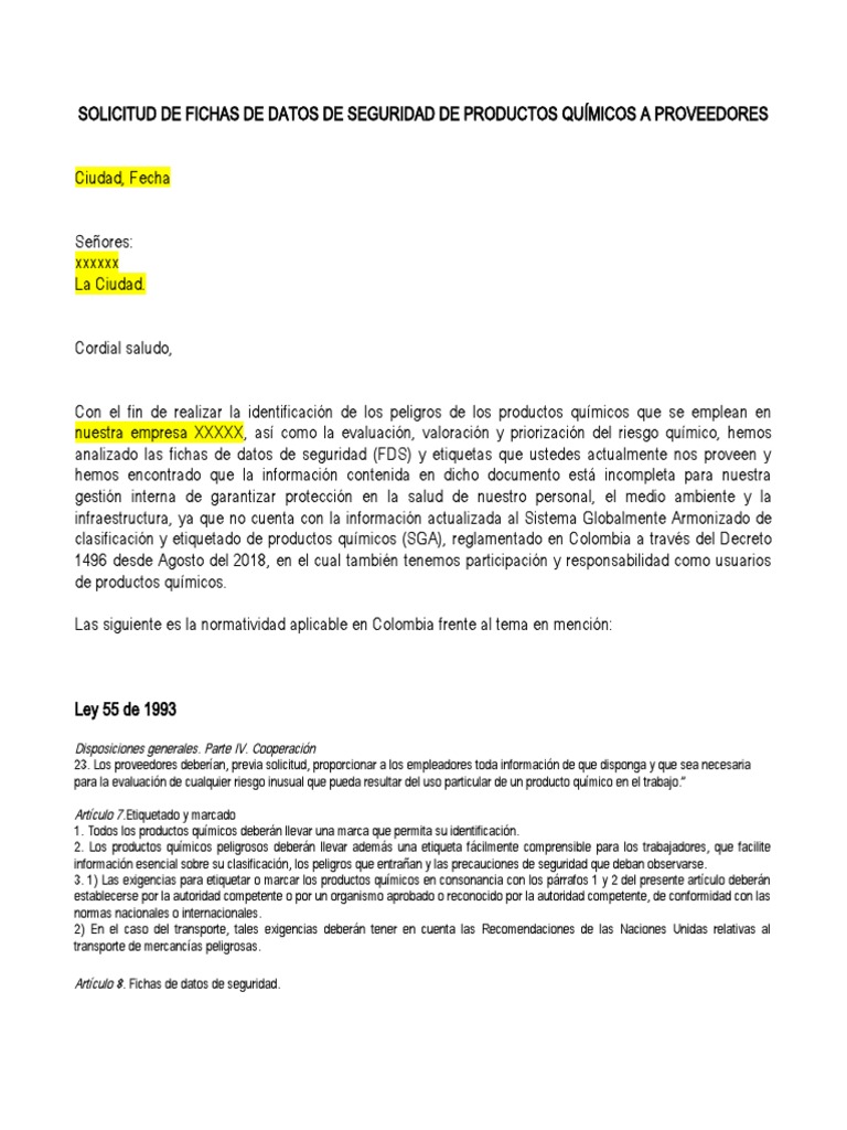 Formato Carta Solicitud Fds A Proveedores De Productos Quimicos Residuos Transporte