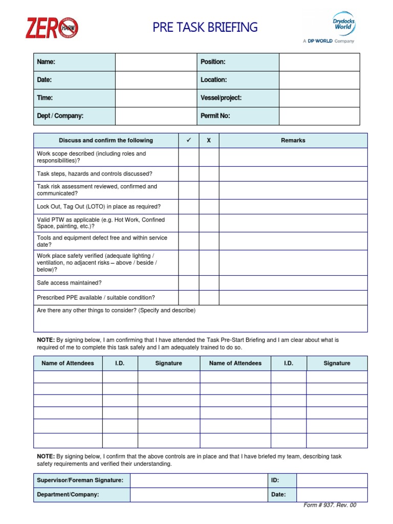 Form No. 937 - Pre Task Briefing Form | PDF