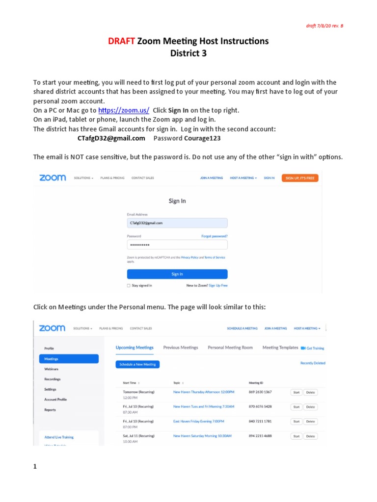 Draft Zoom Meeting Host Instructions District 3 Rev B PDF I Pad
