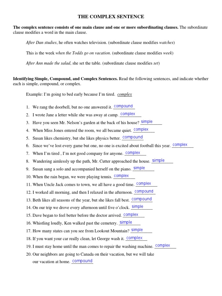 Complex Sentences Worksheet | PDF | Sentence (Linguistics) | Grammar