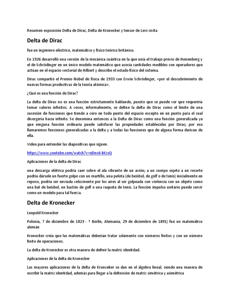 Delta de Dirac y Kronecker: Resumen | PDF | Matriz (Matemáticas ...