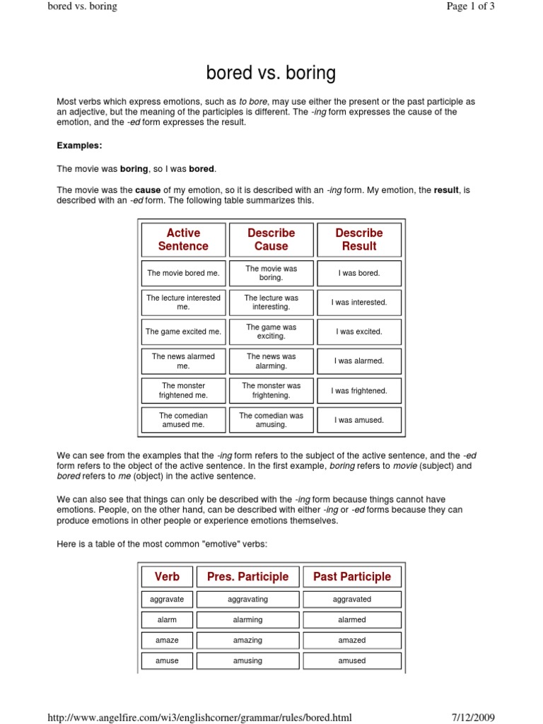 Bored vs. Boring PDF Verb Subject (Grammar)