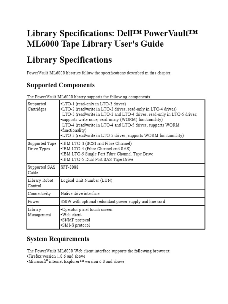 Library Specifications Dell™ Powervault™ Ml6000 Tape Library User'S Guide Library