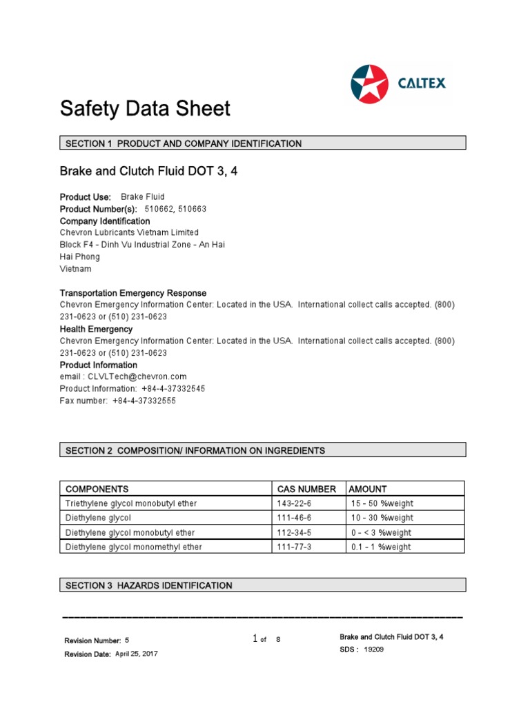 MSDS Caltex Brake And Clutch Fluid DOT EN PDF Toxicity, 49 OFF