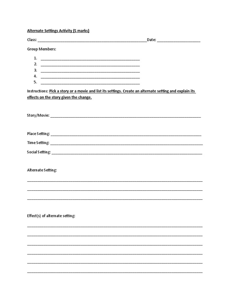Alternate Settings Activity Worksheet | PDF