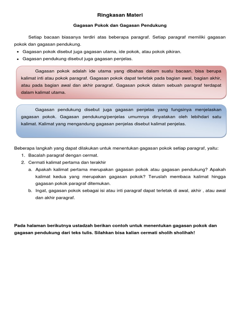 Ringkasan Materi Gagasan Pokok Dan Gagasan Pendukung Beserta Teks Pdf