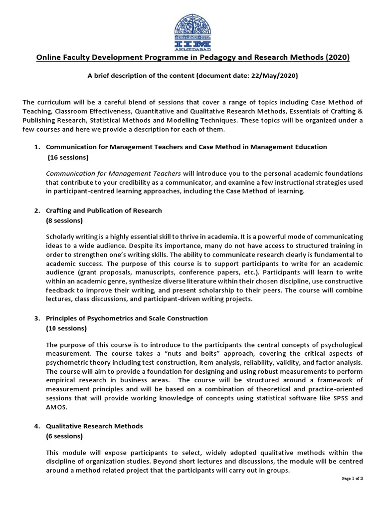 Online Faculty Development Programme in Pedagogy and Research Methods ...