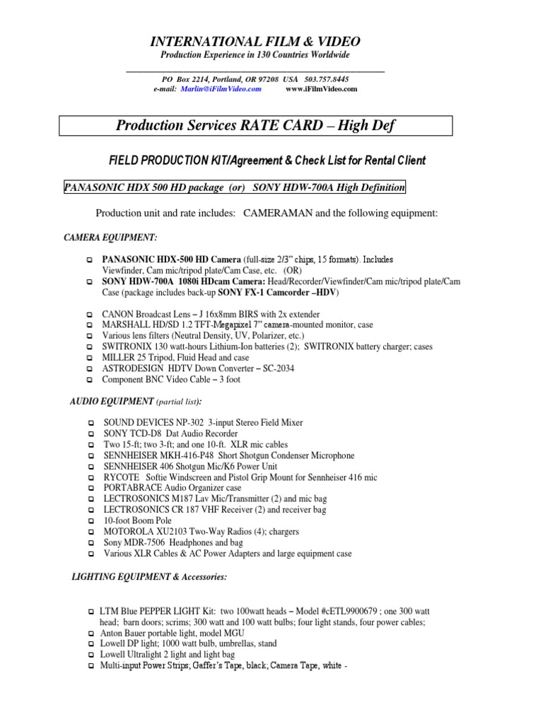 Video Production Rate Card | PDF | Microphone | Equipment