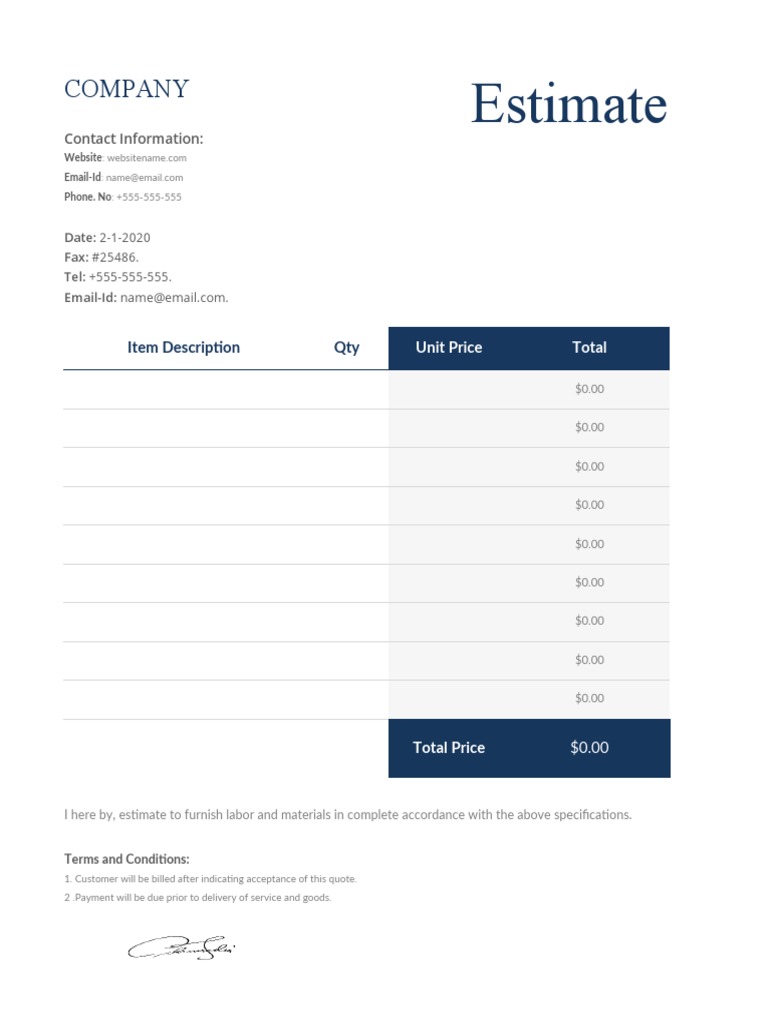 Estimate Format in Excel | PDF