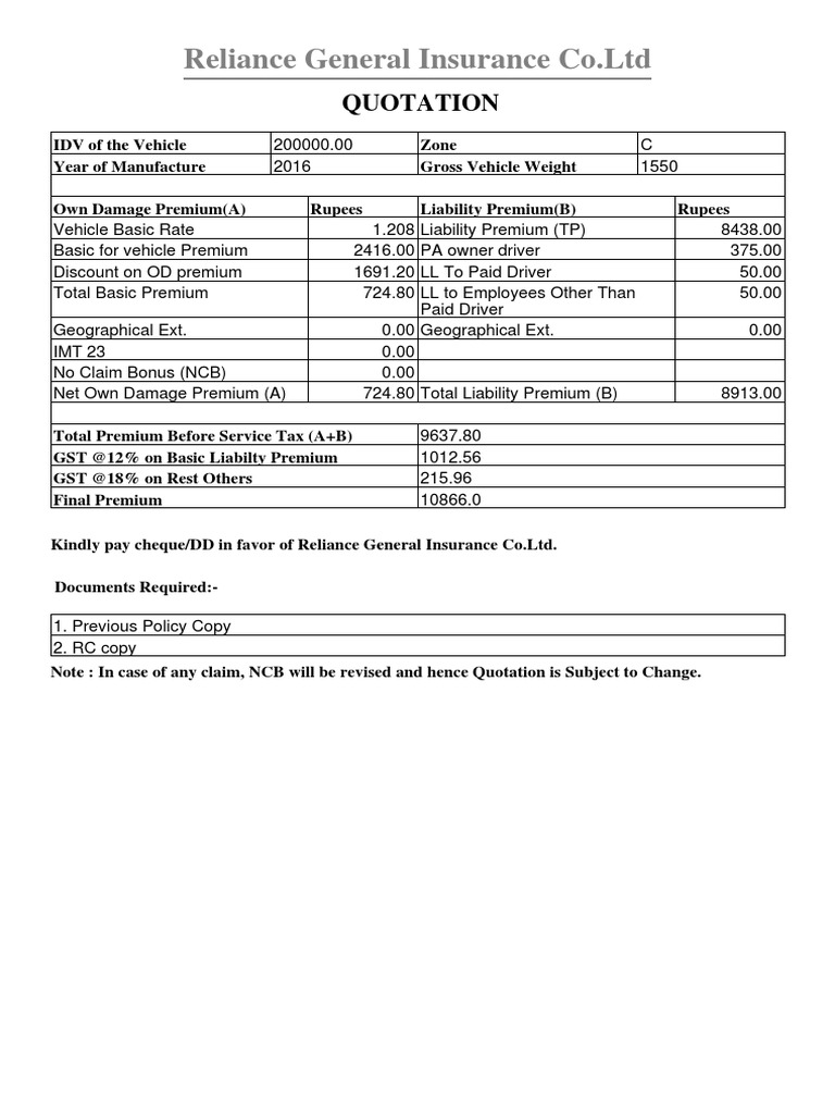 Reliance General Car Insurance Quotation | PDF