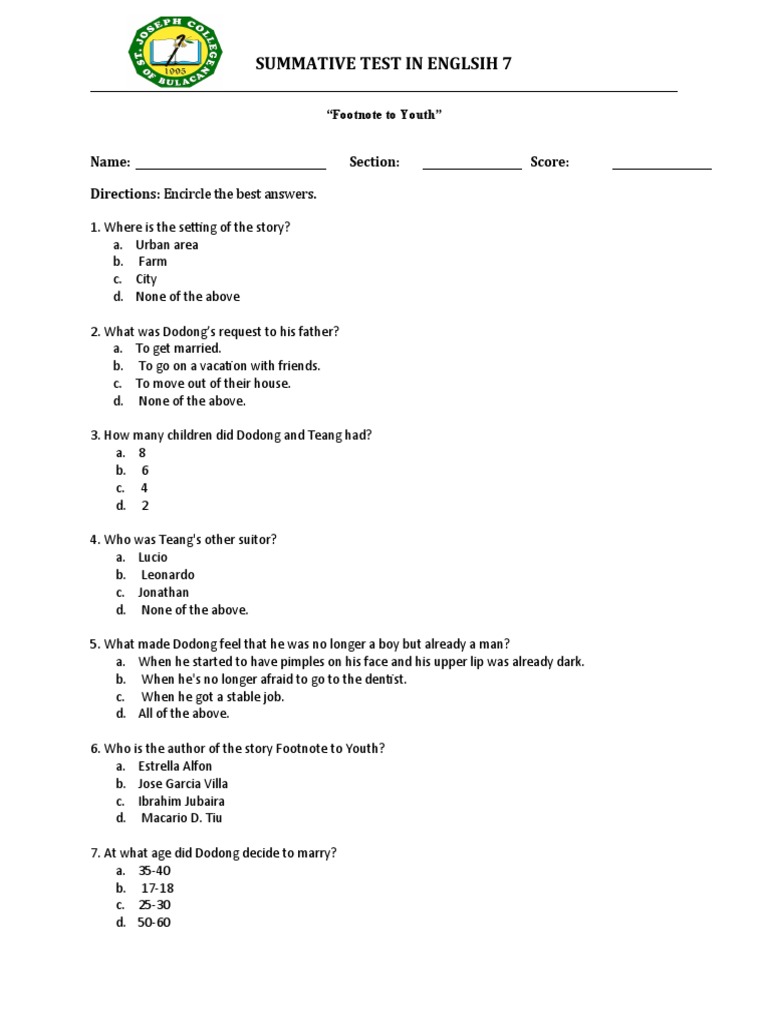 Footnote to Youth: Test Questions | PDF | Language Arts & Discipline