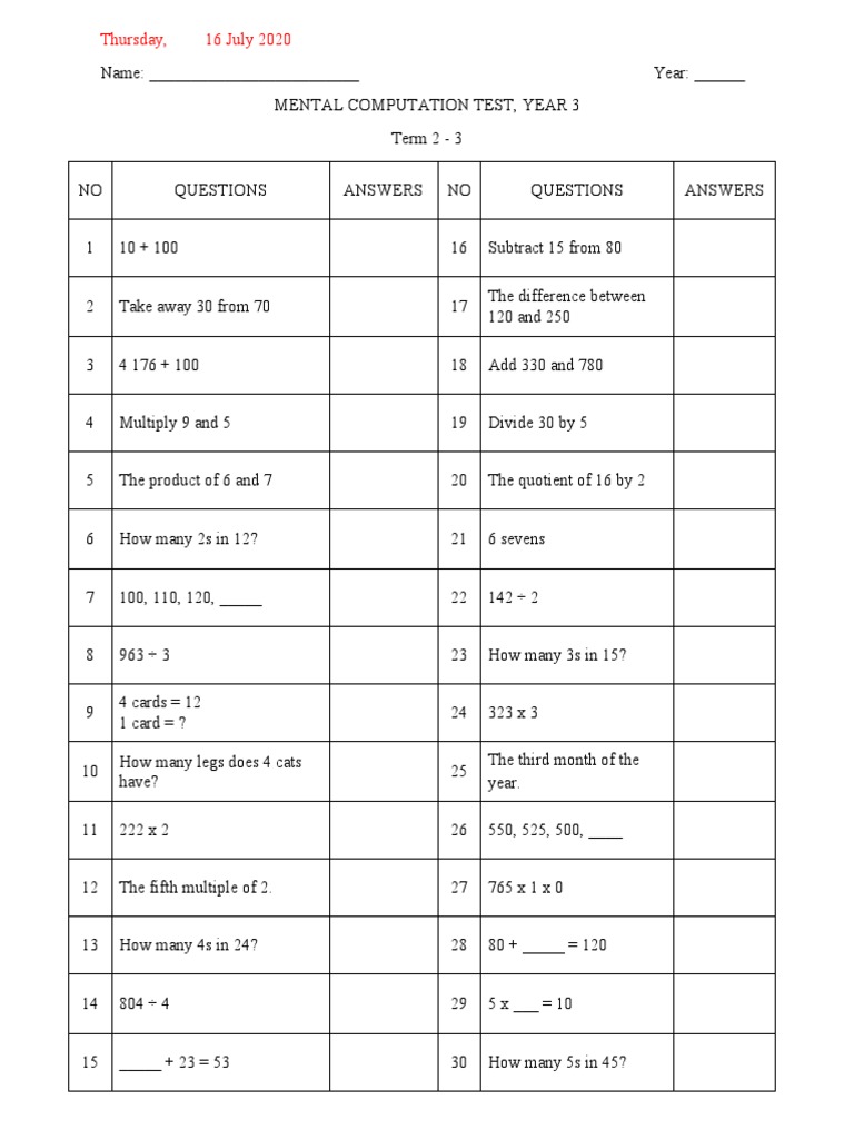 Year 3 Mental Computation Test | PDF | Teaching Methods & Materials